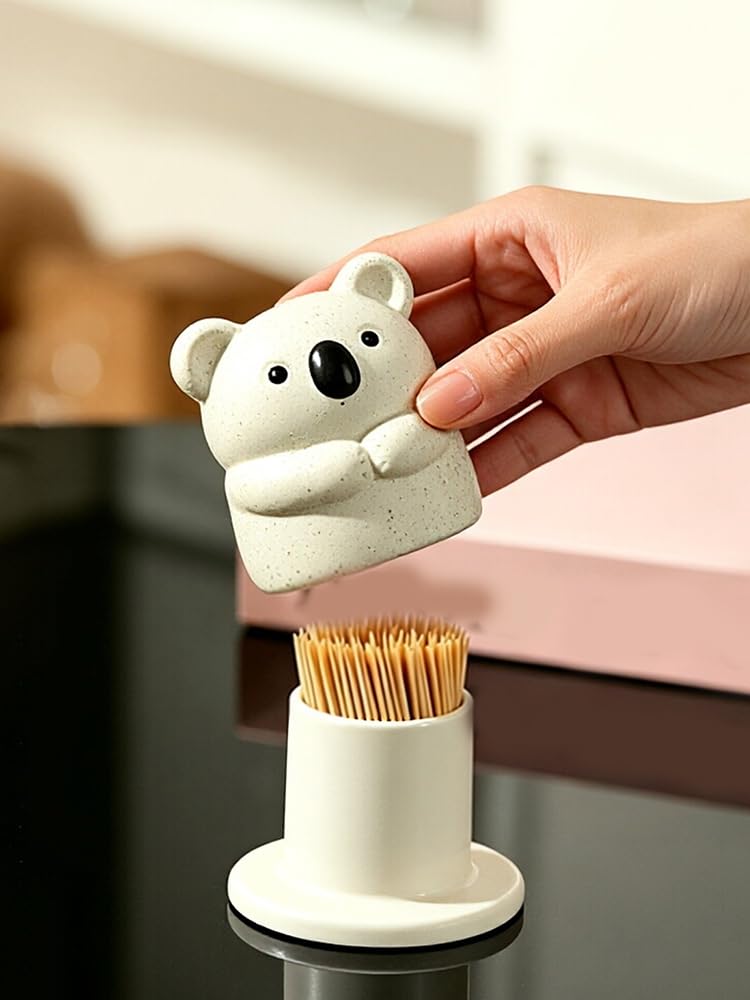 Quoravel Cute Koala Toothpick Box, Automatic Toothpick Dispenser Pop-up, Dustproof Cotton Swab Holder Hygienic Desktop Organiser for Kitchen Koala