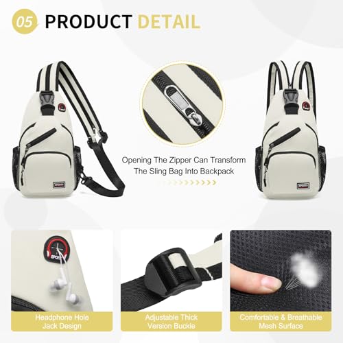 Image of Convertible Sling Bags for Women Men, Lightweight Crossbody Backpack Daypack Fit for 7.9 inch Tablet for Casual Travel Sport Hiking (White)