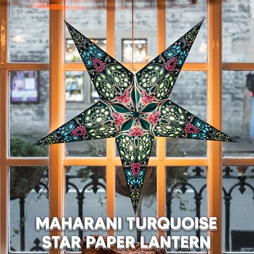 Image of GalaxyArts Paper Star Lantern, Turquoise Maharani 24 Inch 3D 5-Pointed Light-Up Hanging Lamp, Handcrafted Hollow Home Decor for Christmas, Weddings, Holidays, Birthday, Indoor Outdoor Parties