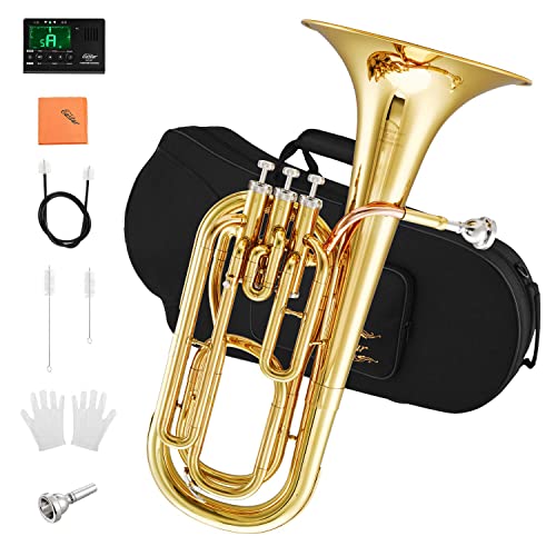 Eastar Student Bb Baritone Horn Marching Gold Lacquer B Flat with Tuner Hard Case Baritone Mouthpiece Gloves Baritone Cleaning Kit, EBT-380