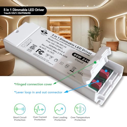 Image of LED Driver 60W 24V Triac /Phase Cut, 0-10V, 1-10V, 10V PWM Dimming LED Power Supply, Flicker-Free Constant Voltage 100-130V AC to DC Transformer Compatible with Lutron&Leviton Switches, ETL Listed
