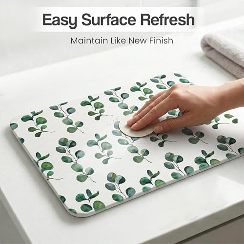 Image of Yellow Weaves Printed Stone Bath Mat, Diatomaceous Earth Shower Mat, Non-Slip Super Absorbent Quick Drying Bathroom, Kitchen Floor Mat, Easy to Clean (45x35 cm-Sandstone) Tropical Leaves, Green