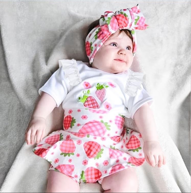 Ynibbim 0-24 Months Infant Baby Girls Summer Clothes Newborn Shorts Set Letters Print Tops & Peach Print Shorts 3Pcs Outfits (L - Strawberry White, 0-3 Months)