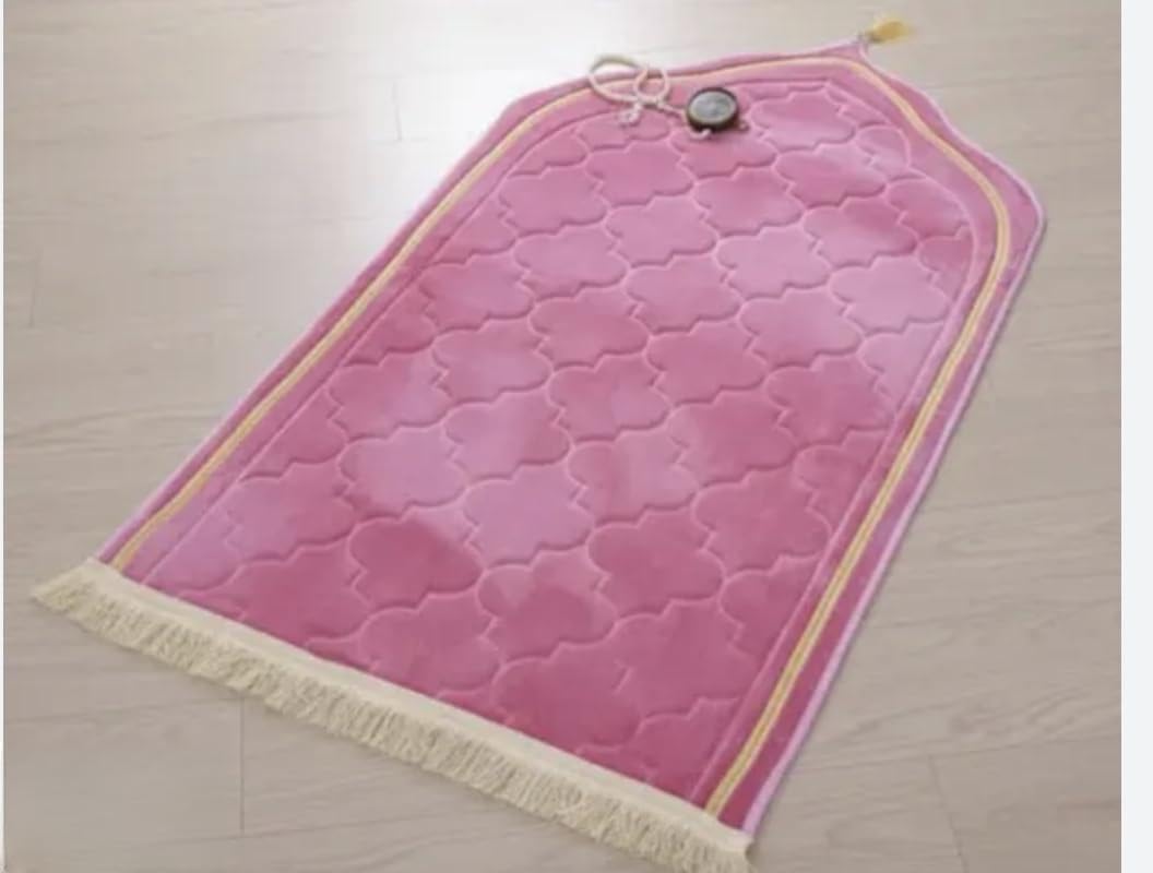 Thick Flannel Soft Prayer Mat for Muslim | Non-Slip Ramadan Worship Embossed Carpet | Portable Prayer Floor Rug (Pink)