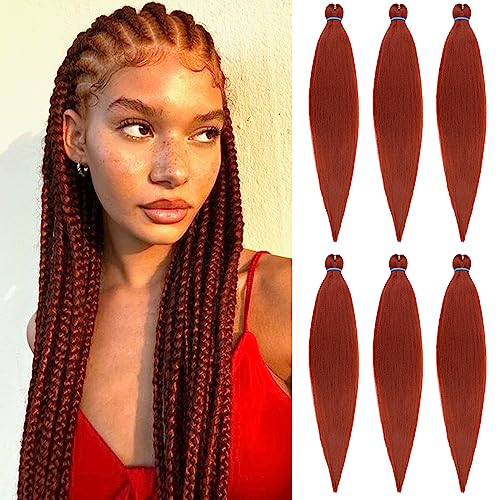 Samtress 24 Inch Pre Stretched EZ Braiding Hair 6 Packs Professional Kanekalon Soft Yaki Texture Synthetic Fiber Copper Red Hot Water Setting Crochet Braids Hair Extensions for Women (#350)