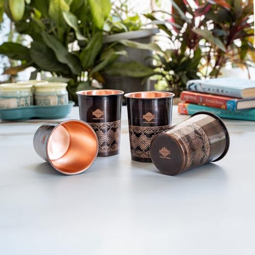 Image of INDIAN ART VILLA Copper Antique Dark Embossed Drinking Glass, Pure Copper Ayurvedic Water Tumbler for Home, Office, Restaurant Use, Traditional Drinkware Gift Item, 275 ML, Set of 4