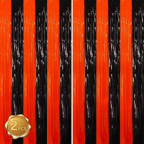 Image of BEISHIDA Black Orange Door Streamers Backdrop Foil Fringe Tinsel Party Streamers Curtains Photo Backdrop - 2Pcs for Birthday Graduation Halloween Party Decoations