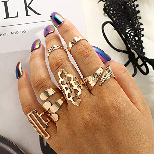Deniferymakeup Gold Knuckle Rings Love Rings Love Engravings Rings Leaf Band Ring Gold Stackable Rings Gold Open Ring Stunning and Shining Gold Open Rings Jewelry Set Gold Tone Rings (Set of 6) (Leaf)