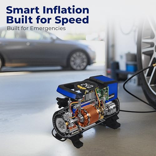 Image of Woscher BoltAir Digital Tyre Inflator for Car and Bike | 12V DC Fast Inflation 150 psi | Strong Metal Body with Emergency LED Light,Heavy Duty Zipper Bag