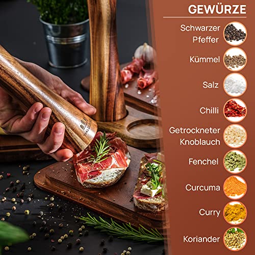 WALDLAND® Wooden Salt and Pepper Mill with Saucer Very Large (25,5 cm) Spice Mill with High Performance Ceramic Grinder Pepper and Salt Mill Set - immagine 6