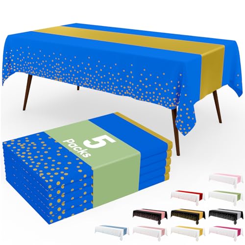 Image of Smiry Plastic Table Cloth Disposable 5 Pack, 54 x 108 Inch Rectangle Waterproof Tablecloth, Printed Gold Table Runner Style for Birthday Weeding, Party Decorations, Leakproof & Sturdy, Blue and Gold
