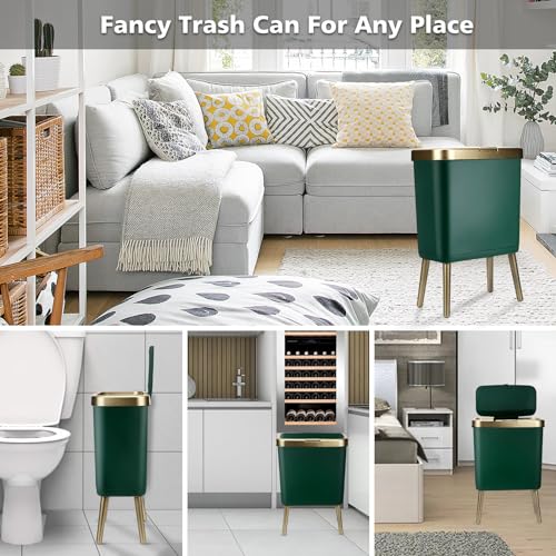 Yatgowell YA-002 Office Trash Can With Lid,Slim Bathroom Garbage Can With Lid, 4 Gallon Kitchen Trash Bin With Gold Edge,Modern Green Trash Can Waste Basket thumb #4