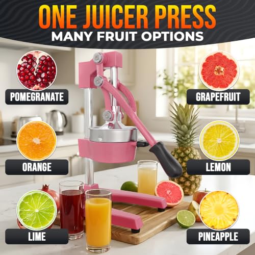 Image of Cast Iron Juicer Hand Press, Heavy-Duty Squeezer (Pink) | Lever Manual Citrus Press Juicer & Orange Squeezer for Lemon, Lime & Lemonade; Steel Cone & Strainer; for Home or Bar