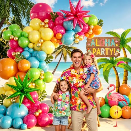 Image of 157PCS Flamingo Tropical Luau Balloons Arch Garland Kit, Olive Green Hot Pink Orange Blue Yelloow Gold Balloons with Foil Star Balloons for Summer Beach Aloha Pool Party Decorations Supplies