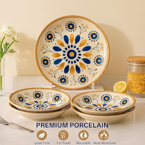 Image of 6-Piece Bohemian Ceramic Dinnerware Set - Microwave & Dishwasher Safe Porcelain Dinner Set - Includes 2 Mandala Plates & 4 Abstract Bowls - Perfect for Gifting & Daily Dining