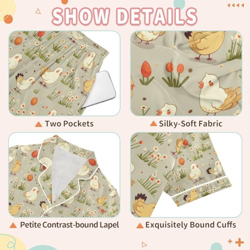 senya Small Chicken Eat Food Satin Summer Pajama Sets Silk Short Sleeve Button Down Sleepwear3