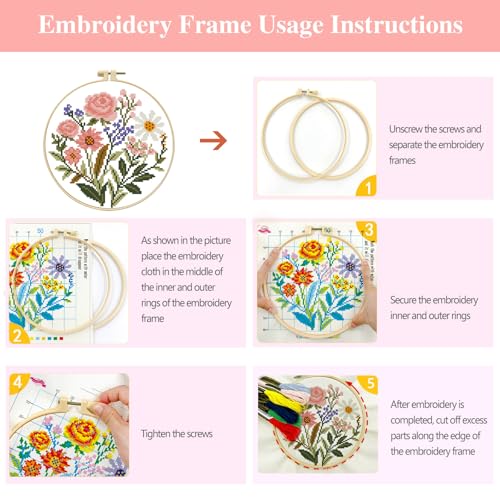 Image of Zhenqing Pink Floral Bouquet Cross Stitch Kit for Beginners - 11CT 24x24cm Pre-Printed Pattern with Embroidery Hoop, Threads & Tools(70517)