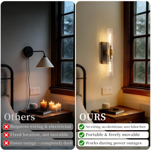 Image of Rechargeable Wall Sconce Set of 2, Battery Operated Wall Sconce, Wireless Wall Lamp with Water Ripples Glass Tube, Non-Hardwired Wall Sconces, Modern Vanity Light Fixtures for Bedroom, Hallway, Aisle