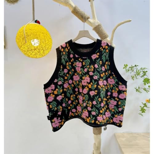 Image of Women Pink Peach Flower Embroidery Knitted Sleeveless O-neck Knitwear Sweater Vest, Large, Black