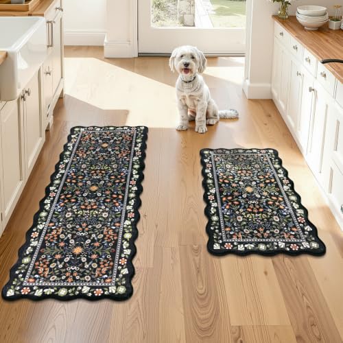 Yamaziot Boho Anti Fatigue Kitchen Rug Set of 3 Scalloped Non-Slip, Black