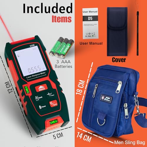 Image of Kwetmo Laser Measuring Device- 60 mtr Laser Distance Meter-Digital Measuring Tape-Distance Measurement Laser Machine with Mute Function Large LCD Backlit, Pythagorean Mode (60 MTR, Black)