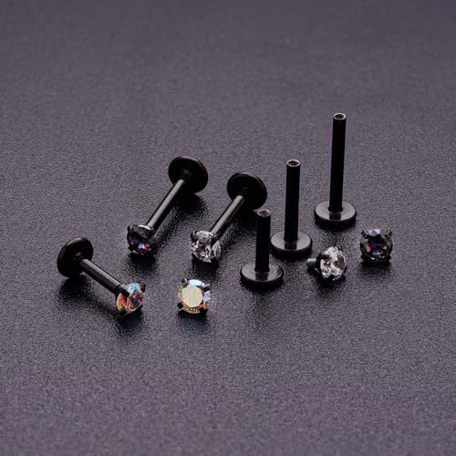 16G 18G Tragus Labret Lip Piercing Jewelry Black, Internally Threaded Surgical Steel CZ Studs for Women Men, 6mm 8mm 10mm Labret Nose Stud Cartilage Helix Medusa Conch Piercing Jewelry4