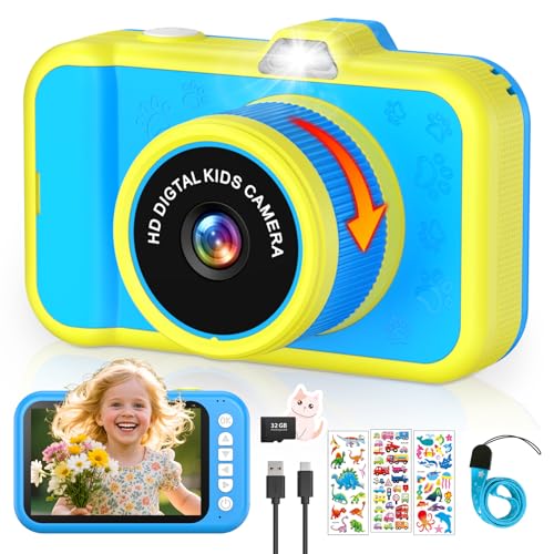 Kinderkamera mit 360°Rotierendes Zoomobjektiv, 3,5' Großes Display, Kinder Kamera mit Selfies, LED-Blitz, Digitalkamera Fotoapparat Kinders mit 32G Karte, Spielzeug Geschenke für Kinder 3-12