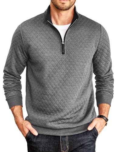 COOFANDY Mens Quilted Pullover Fall Fashion Quarter Zip Sweatshirt Mock Neck Pullover Sweaters (Dark Grey, XX-Large)