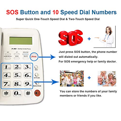 Corded Phone With Caller Id, Hepester P-50 Wired Landline Phone For Home Elderly Phone With Big Button Amplified Speakerphone For Seniors Amplified Telephone Sos Emergency Speed Dial (White) #TOP2