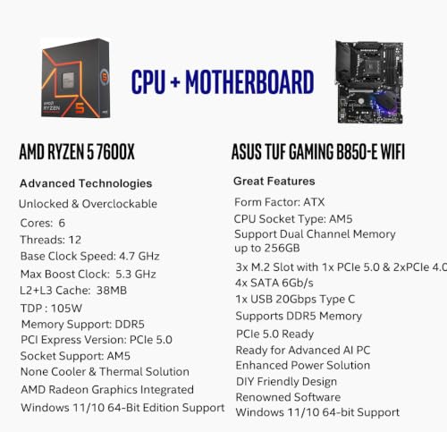 Image of MICRO CENTER CPU Motherboard Combo - AMD Ryzen 5 7600X CPU Processor with ASUS TUF Gaming B850-E WiFi ATX Motherboard