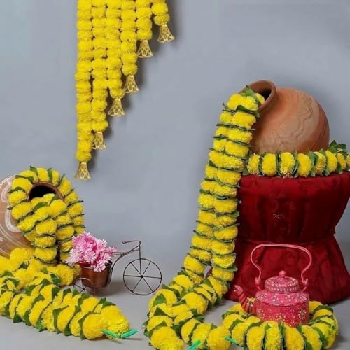 Image of Bindian Artificial Marigold Flower Toran 2.5 Ft Yellow with Leaf & Bells | Decorative Bandanwar for Diwali, Pooja, Wedding, Festival, Home Entrance & Wall Decoration (Pack of 10)