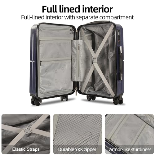 1 Piece Carry on Luggage ABS+PC Hardshell TSA Lock Aluminum Trolley Spinner Wheels (Blue, 1 Piece)2