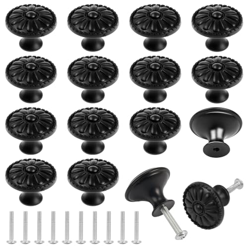 16 Piezas Redondo Tiradores De Muebles, 30Mm Negros Tiradores Para Cajones, Vintage Metálicos Pomos Armario Patrón De Flores Con Tornillos De Montaje, Forma De Seta, para Cocina, Dormitorio, Baño