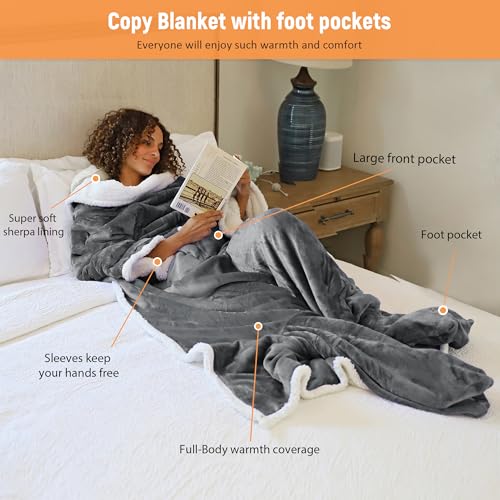 Image of Catalonia Sherpa Wearable Blanket with Sleeves & Foot Pockets for Adult Women Men,Comfy Snuggle Wrap Sleeved Throw Blanket Robe,Gift Idea,Grey