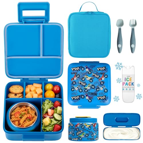 Image of JXXM Bento Lunch Box for Kids With 8oz Soup thermo,Leak-proof Lunch Containers with 5 Compartment,thermo Food Jar and Lunch Bag, Food Containers for School (A-Blue(Extreme Locomotive))