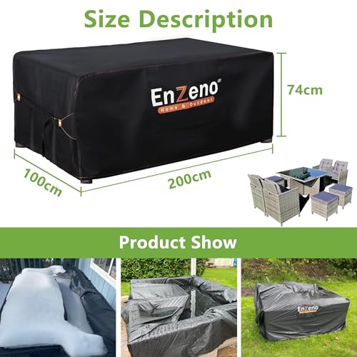 Enzeno Abdeckung Gartenmöbel Wasserdicht,200X100X74cm Gartenmöbel Abdeckplane,420D Oxford Gewebe Loungemöbel Schutzhülle Winterfest,Lounge Abdeckhauben mit Luftauslass für Tische und Stühle