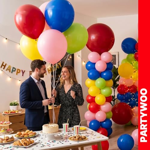 Image of PartyWoo Assorted Colors Rainbow Balloons 20pcs 18 Inch Multicolor Colorful Primary Color Balloon for Graduation Baby Shower Unicorn Fiesta Flower Spring Rainbow Theme Birthday Party Decorations