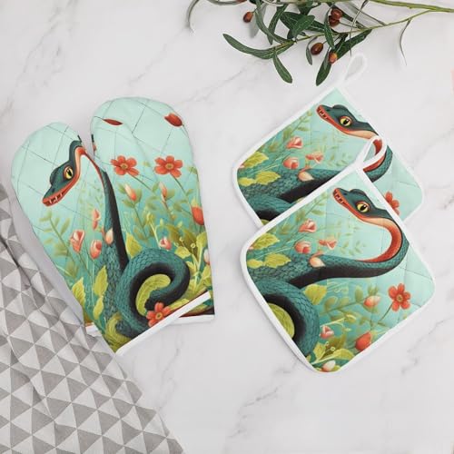 Gants de cuisine antidérapants et maniques serpent fleur lot 4