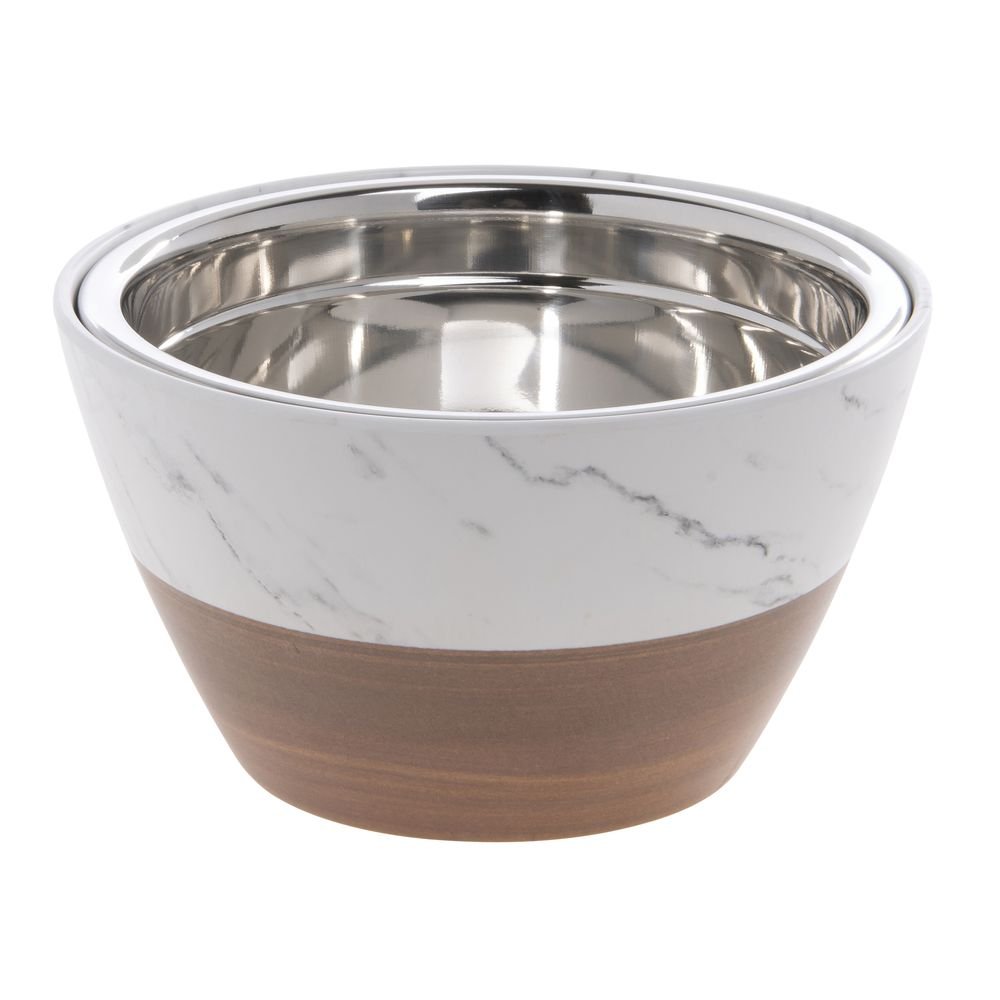 Serving Bowl with Stainless Steel Insert Wood and Marble Look Melamine - 7"Dia x 4"H by HUBERT – Stainless Steel, Model 18535+31062