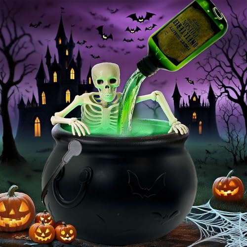 Halloween Decorations Indoor Decoration Halloween Cauldron Interieur with Magic Floating Potion Bottles Diffuser Fog Maker Skeleton Witches Cauldron for Party Spooky Vintage Home Kitchen Table