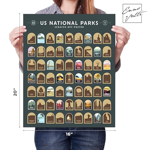 Enno Vatti US National Parks Scratch Off Poster - Map of 63 National Parks of the United States - Travel Bucket List - Gift for Travelers - Road Trip Adventure Checklist - Pop Chart - 16' x 20'