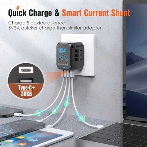 شاحن سفر عالمي من نيكومي، محول طاقة وشاحن دولي، شاحن حائط ومحول بقابس تيار متردد مع 3 USB و1USB C يصلح في الولايات المتحدة واوروبا والمملكة المتحدة واستراليا (محول سفر مع حقيبة تخزين، أسود، 15W-3A1C)