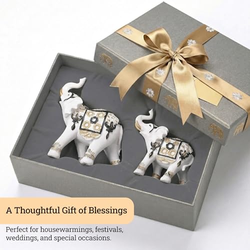 Image of Kuber Industries Set of 2 Elephant Figurines Idol for Home Decor | 6x5.5 Inch Resin Vastu Wealth, Prosperity Gift for Diwali & Housewarming | White & Golden