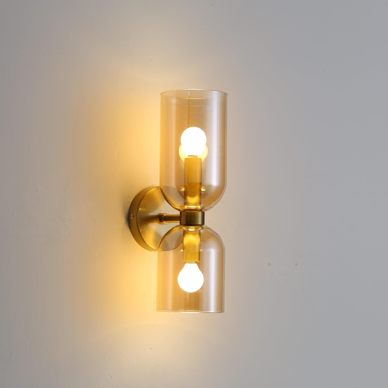 Modern Glass Wall Sconces- Double Head Wall Lighting with Long Short Glass Shades- Bathroom Vanity Light Mid-Century Up Down Hardwired Wall Lamp Indoor for Bedroom Hallway Living (Gold-Amber)