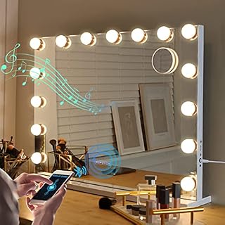 HANSONG Bluetooth Hollywood Vanity Mirror with Lights 15 Dimmable LED Bulbs Makeup Mirror with Lights USB Charging Large Vanity Mirror with Touchscreen Control for Bedroom