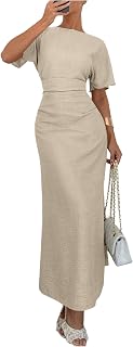 OYOANGLE Women's Textured Cinched Waist Slit Hem Maxi Dress | Short Sleeve, Elegant, Work, Office, Wedding Guest, Formal Dresses