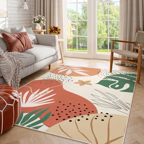 Lahome 5x7 Area Rug for Living Room, Washable Rugs 5x7 for Bedroom Soft Kids Nursery Carpet, Boho Botanical Print Non-Slip Low Pile Carpet for Office Playroom Kitchen Entryway, Coral
