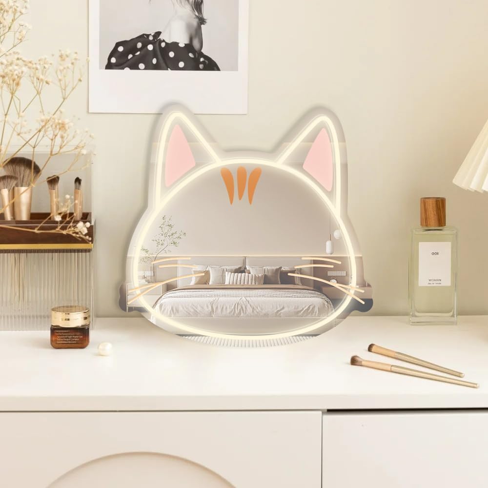 3 Colors cat Mirros, Brightness Adjustable cat Vanity Mirror with Lights, Led Makeup Mirror, Mirror Neon Light Signs for Girls Room Decor, Gift for Teen Girls USB Powered (24 * 20In)