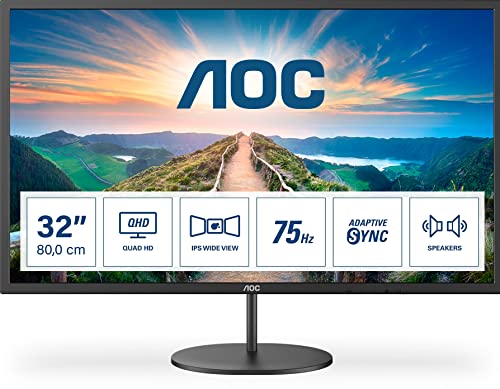 AOC Q32V4 - 32 inch QHD Monitor, 75Hz, 4ms, IPS, Adaptive Sync , speakers , FlickerFree (2560x1440@ 75Hz, 250 cd/m², HDMI 1.4 x 2, DisplayPort 1.2 x 1),BLACK