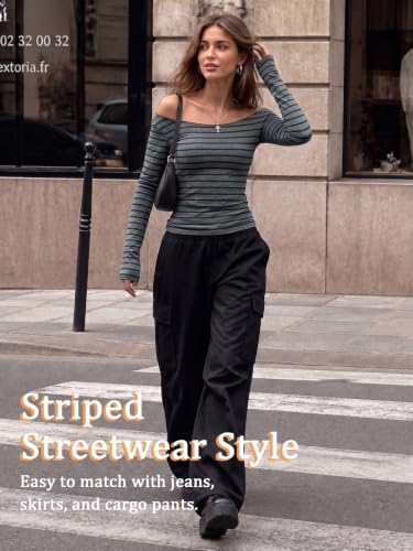 Image of Women Off Shoulder Striped Long Sleeve Top 2026 Fall Going Out Tee Shirts